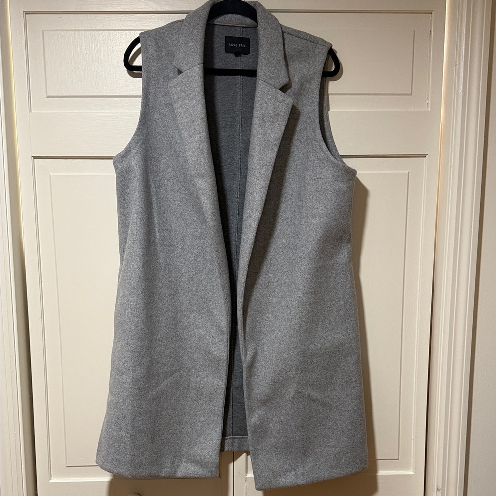 Love Tree Long Gray Open Sleeveless Blazer Vest with pockets polyester